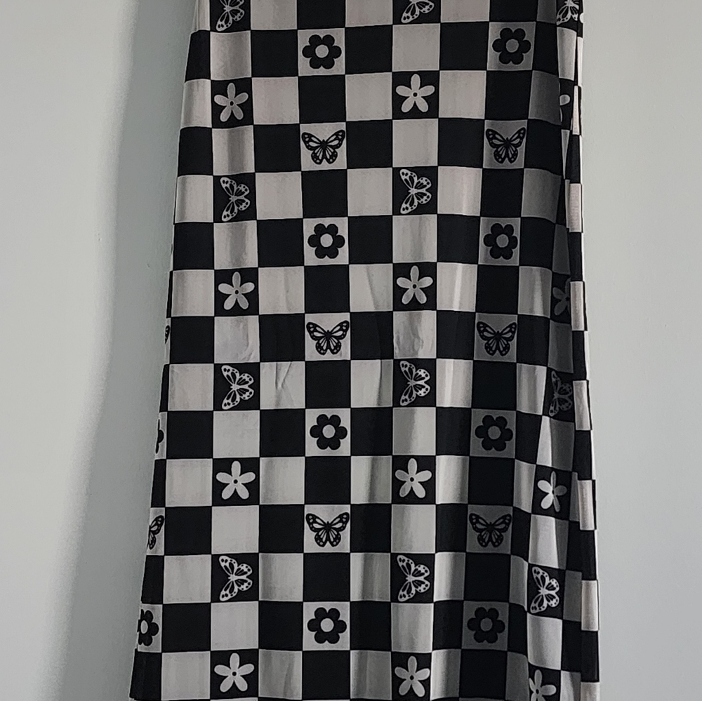 Forever 21 Checkered Midi Skirt Butterfly Flower Mesh Overlay Black White Medium